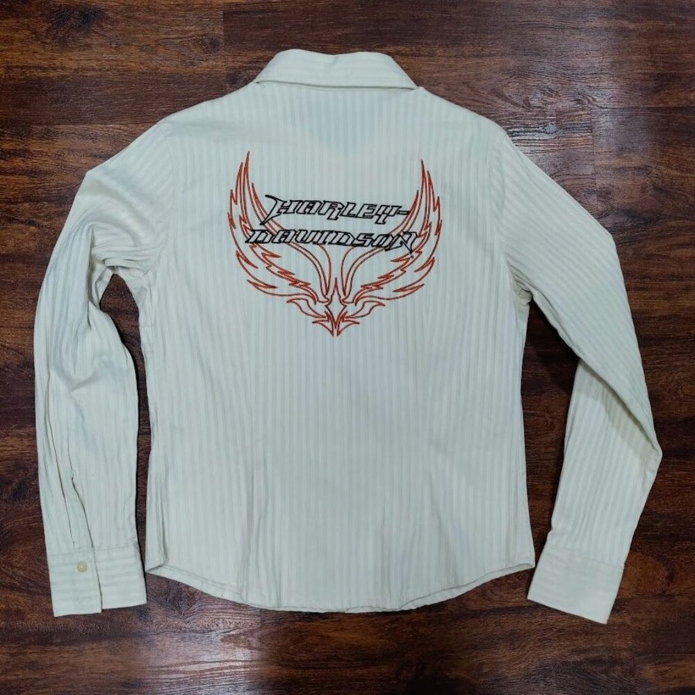 Harley-Davidson Embroidered Textured Striped Button-Up Shirt Cream Women's Large - Picture 4 of 9